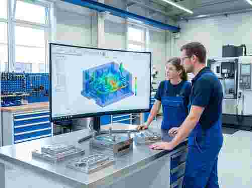 Ingenieure betrachten 3D-CAD-Modell einer Spritzgießform am Monitor.