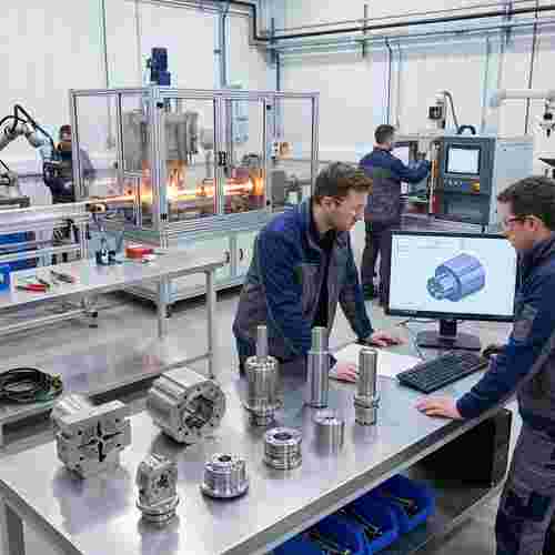 Moderne Werkstatt mit Ingenieuren, CAD-Modellen, Extrusionsköpfe, Präzisionsbauteilen, Testing-Rig.