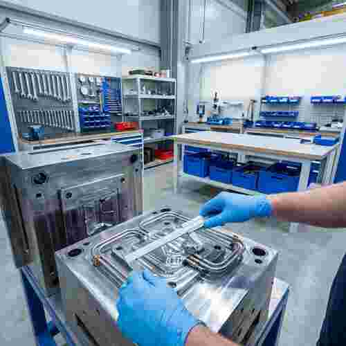 Spritzgießwerkzeug in sauberer Werkstatt; Techniker prüft Kavität und Kühlkanäle mit Schieblehre.