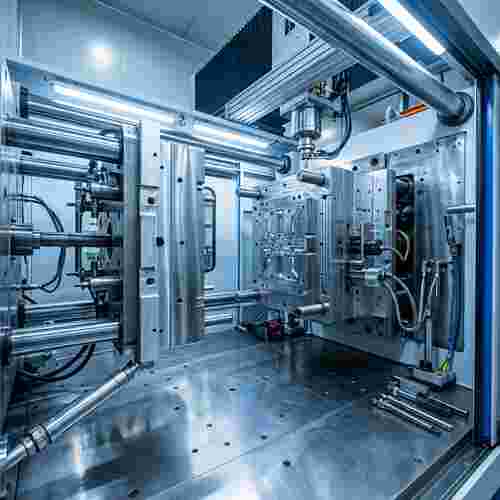 Moderne Spritzgießwerkstatt mit Präzisionsform in Maschine, metallische Texturen, kühles Licht.