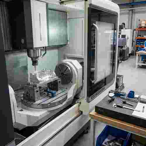 Quadratische fotorealistische CNC-Fräszelle bearbeitet Metallteil; Kühlmittelnebel und Messwerkzeuge