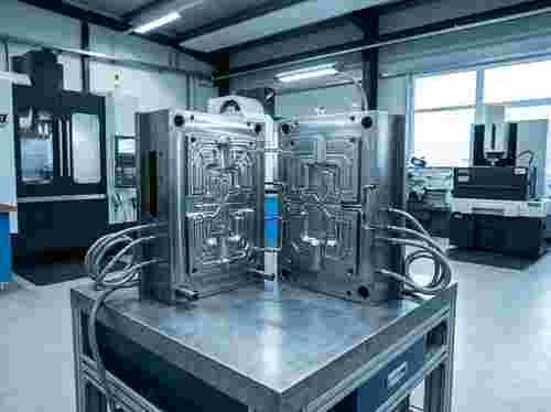 Geöffnetes zweipartiges Spritzgießwerkzeug mit Kavitäten, Spritzkanälen und Kühlleitungen.