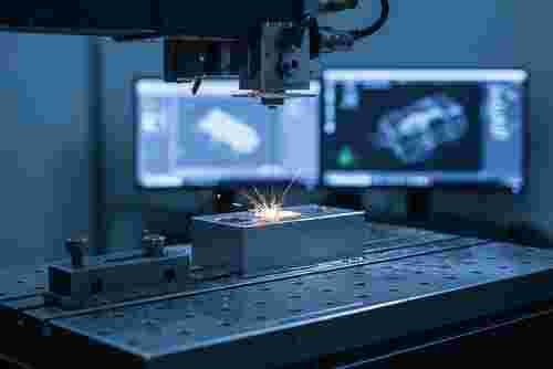 CNC-Wire-EDM-Maschine beim Präzisionsschnitt eines Metallteils; Funken, kühles Blau, moderne Werkstatt.