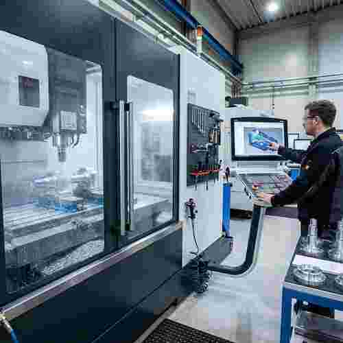 Fotorealistische Aufnahme einer modernen CNC-Fräse in Betrieb; Techniker prüft CAD/CAM am Monitor.