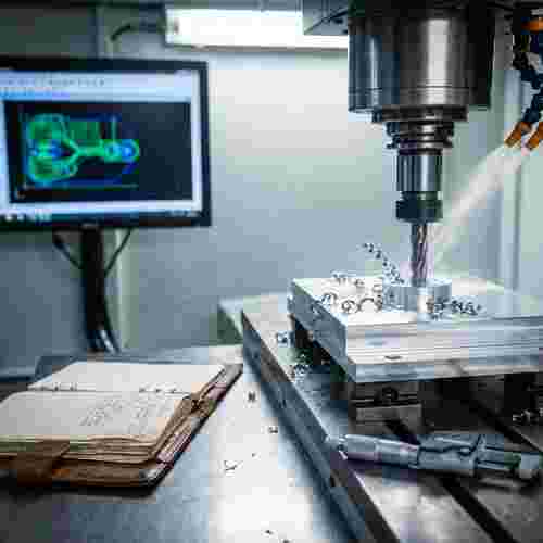 CNC-Fräsen: Carbid-Endmill fräst glänzendes Metall; Späne, Kühlmittel; Monitor mit Pfad.