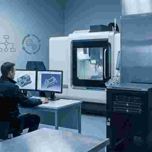 Techniker prüft CAD am Monitor; CNC-Fräse im Hintergrund; verschlossener Datenspeicher.