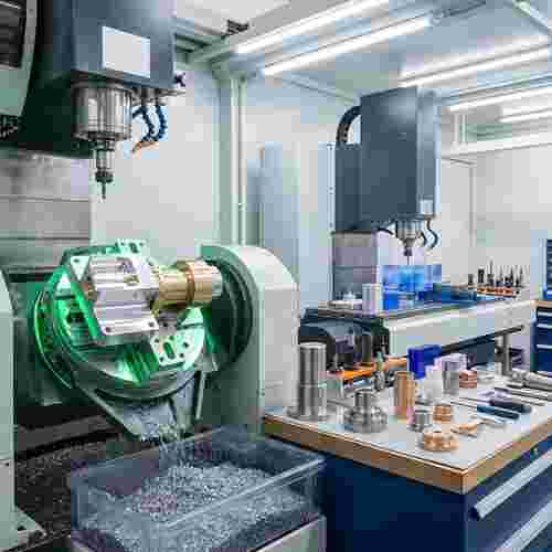 Moderne CNC-Fräsmaschine im Betrieb, 3- und 5-Achsen, Späneflug, Metall- und Kunststoffteile.