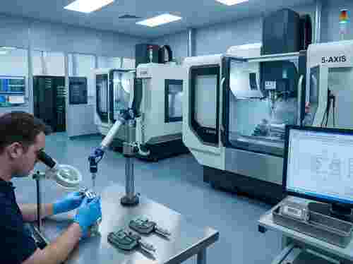 Moderne CNC-Fräszelle in Betrieb; Techniker prüft Metallteil am Messplatz, Barcode und Datenumgebung.