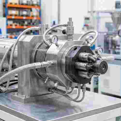 Nahaufnahme eines modernen Extrusionswerkzeugs aus Stahl und Karbid in einer Industrieanlage