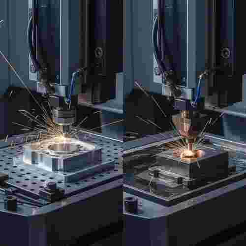Fotorealistische EDM-Werkstatt: Draht-EDM links mit Funken, Sinker-EDM rechts mit Kupfer-Elektrode.