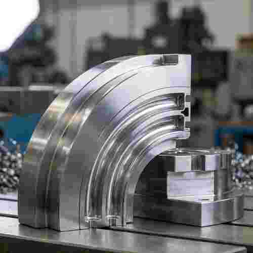 Makroaufnahme eines Präzisions-Extrusionswerkzeugs und einer Form aus poliertem Metall mit feinen Kanälen.