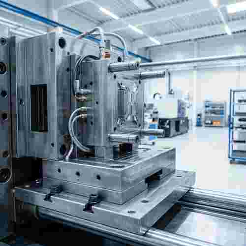 Präzisions-Spritzgusswerkzeug und gehärtete Stahlform in moderner Fabrik.