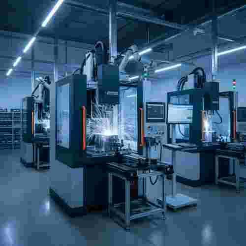 Fotorealistische Darstellung einer modernen Wire-EDM-Werkstatt mit Funken und blauer Beleuchtung.
