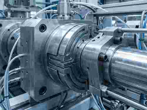 Nahaufnahme eines modernen Extrusionswerkzeugs in einer Industrieproduktionslinie.